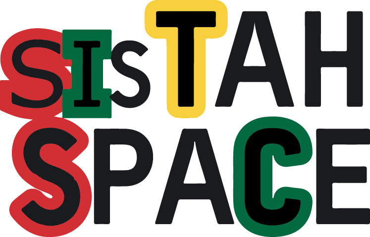 Sistah space logo which is the text all in black but in varying sizes and the first letter S embossed in red and other letters embossed 