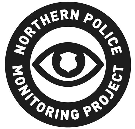 Northern Police Monitoring Project logo, white text on a black circle ring with an eye in the in the middle that has a cop badge as a pupil.