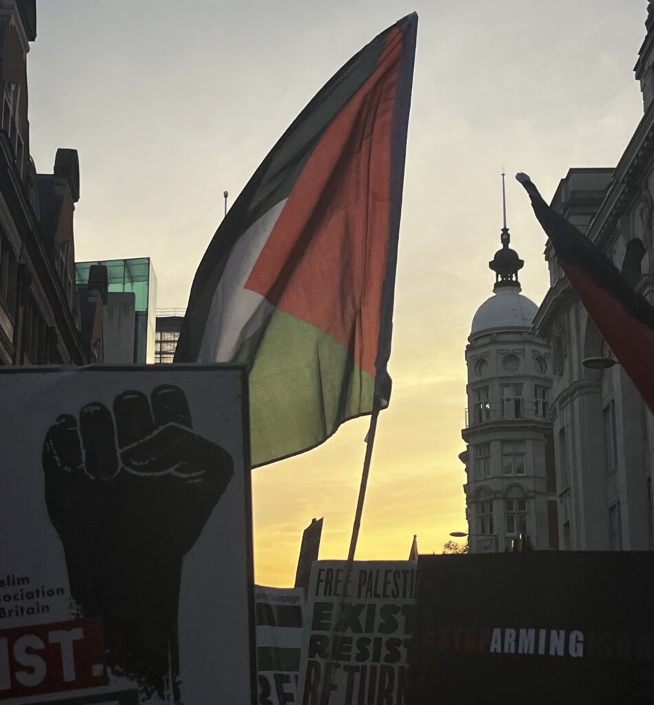 A picture of the Palestinian flag being waved in a central London street.